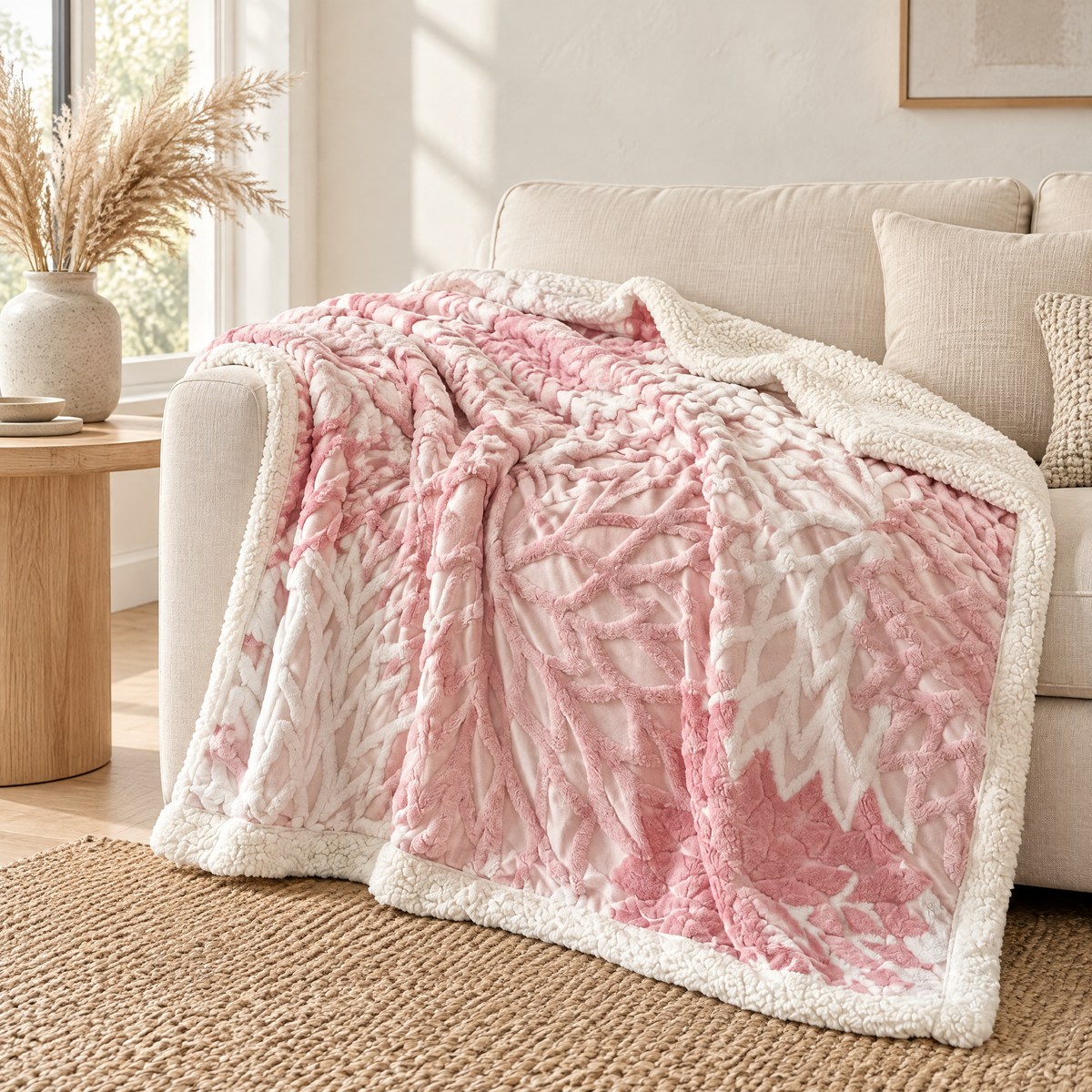 Rosa Jacquard-Fleece-Plaid mit Blumenmuster über einem cremefarbenen Sofa bei Tageslicht