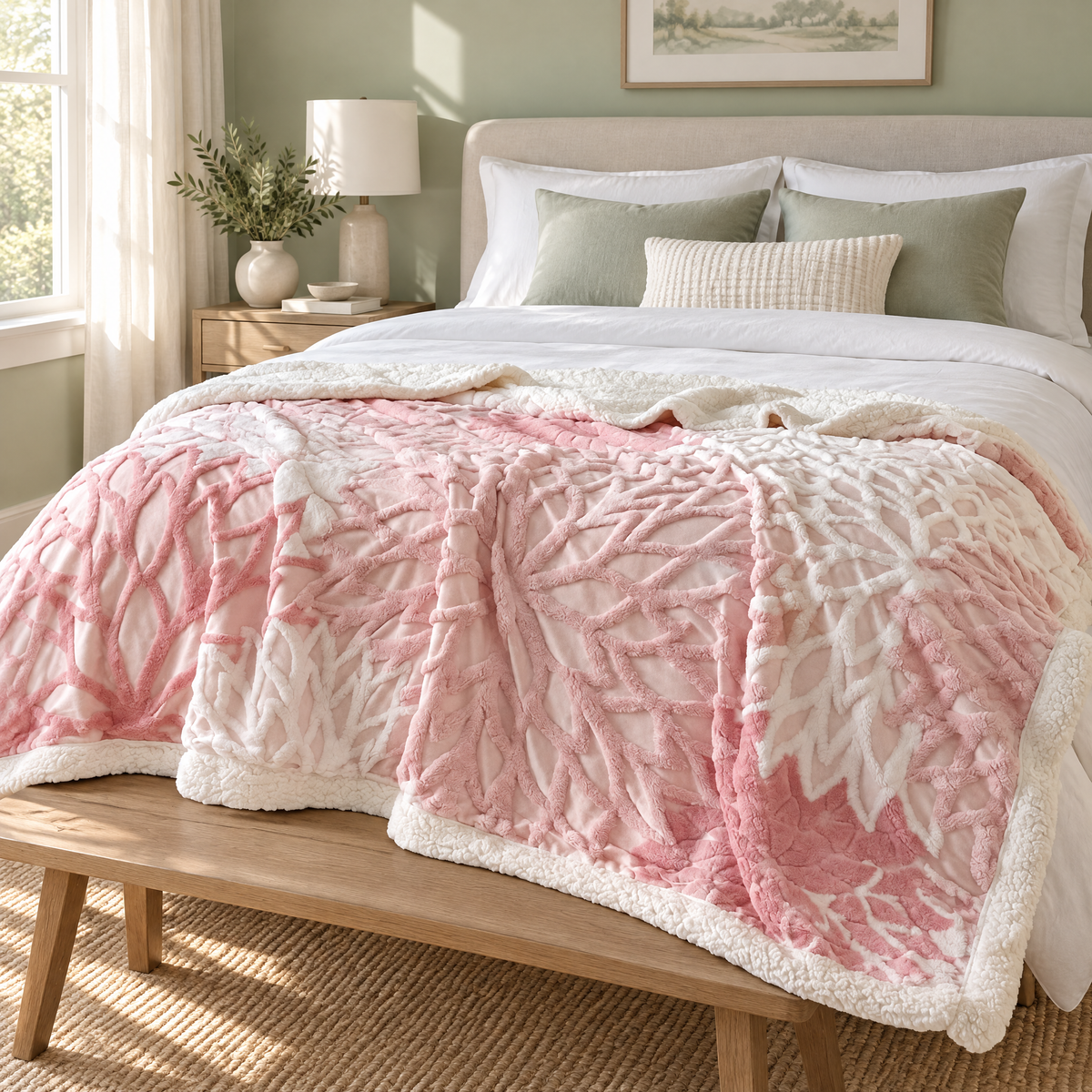 Jacquard-Fleece-Plaid am Bettende in einem Schlafzimmer mit hellgrünen Wänden