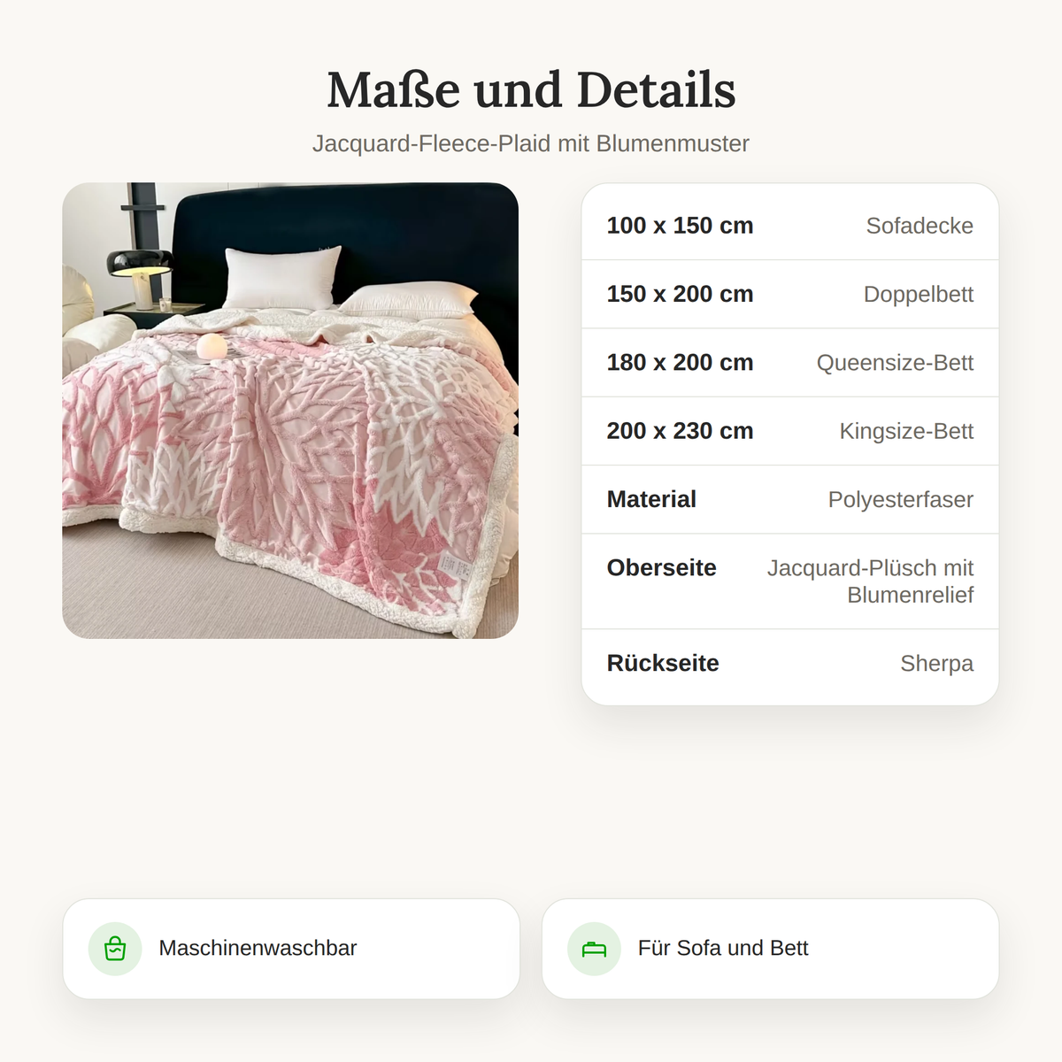 Maßtabelle des Jacquard-Fleece-Plaids von 100x150 bis 200x230 cm mit Material