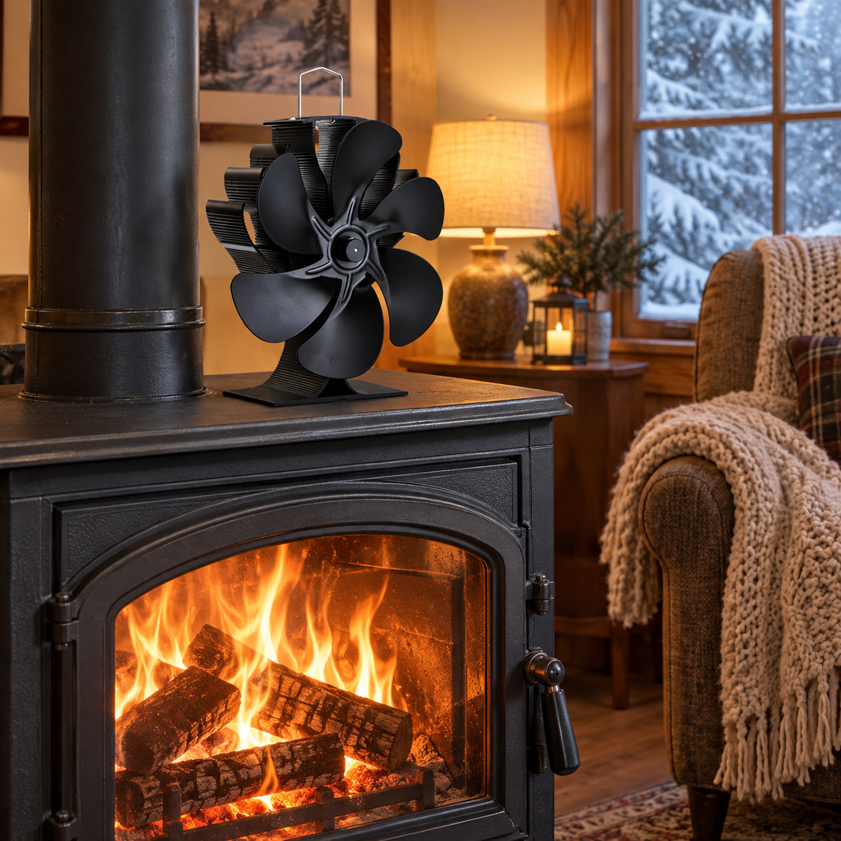 Kaminventilator auf einem gusseisernen Kaminofen im gemütlichen Wohnzimmer im Winter