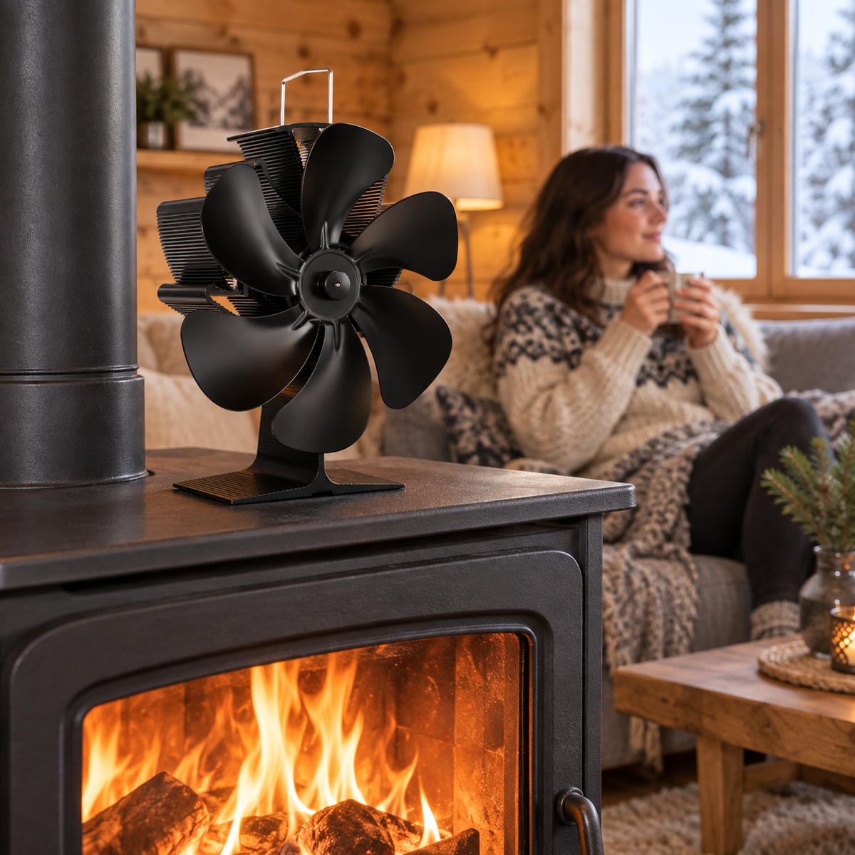 Ofenventilator auf einem Holzofen, im Hintergrund eine Frau mit Tasse auf dem Sofa