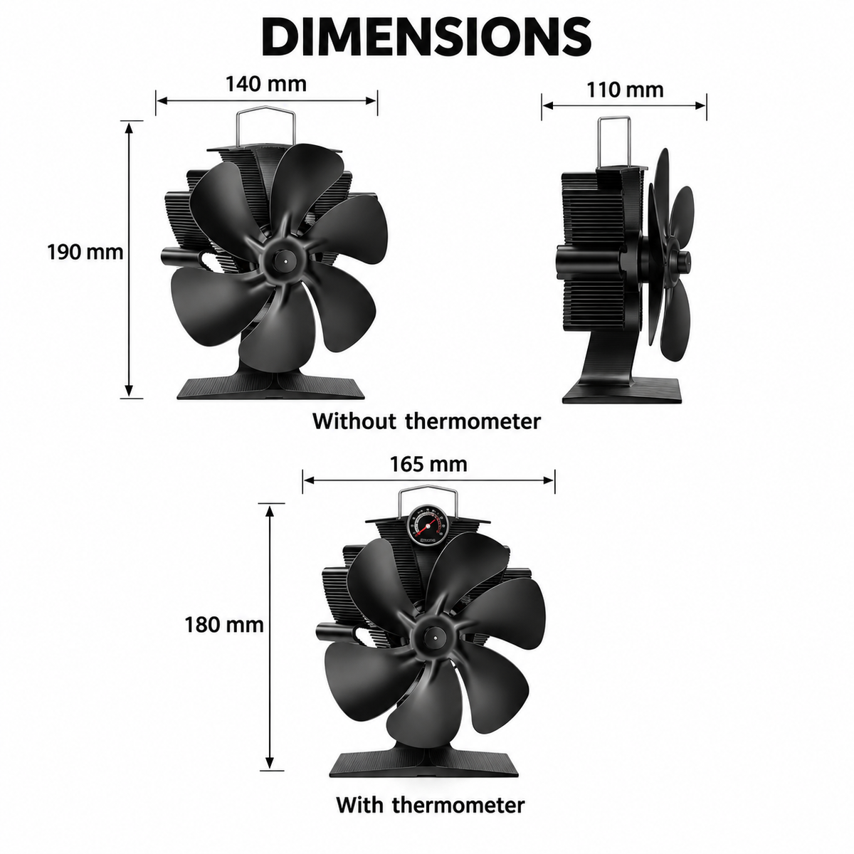 Maße des Kaminventilators mit und ohne Thermometer