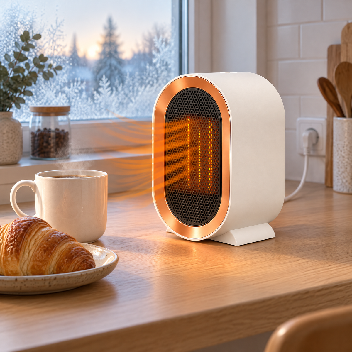 Weißer Keramik Heizlüfter auf der Küchentheke aus Eiche neben Kaffeetasse und Croissant