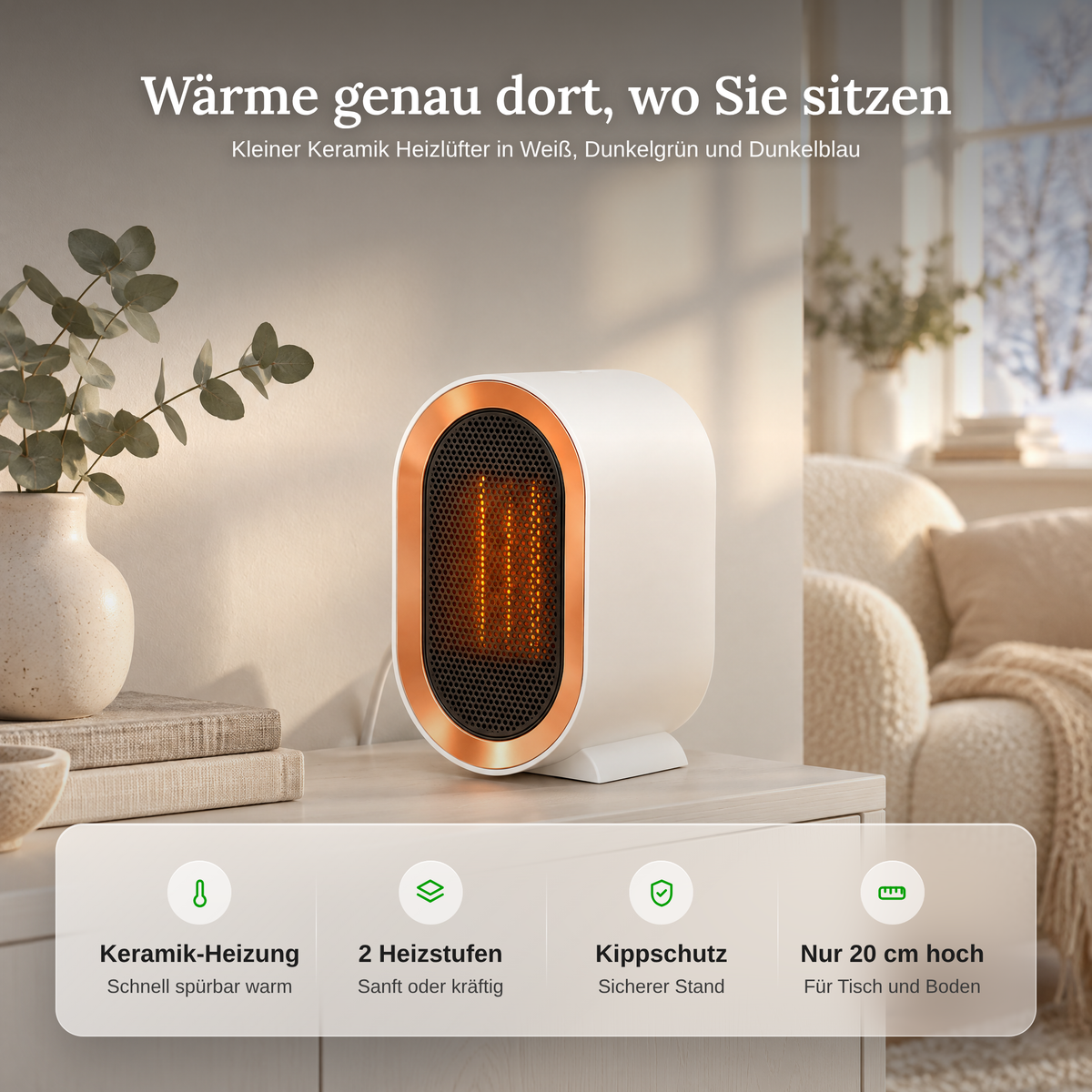 Vorteile des kleinen Keramik Heizlüfters: Keramik-Heizung, 2 Heizstufen, Kippschutz, nur 20 cm hoch