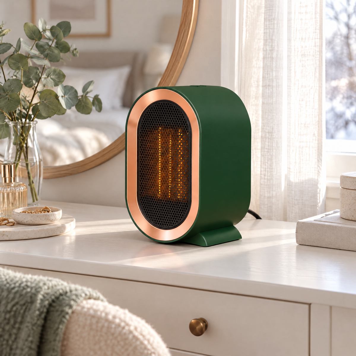 Keramik Heizlüfter in Dunkelgrün mit kupferfarbenem Rahmen auf einem weißen Schminktisch