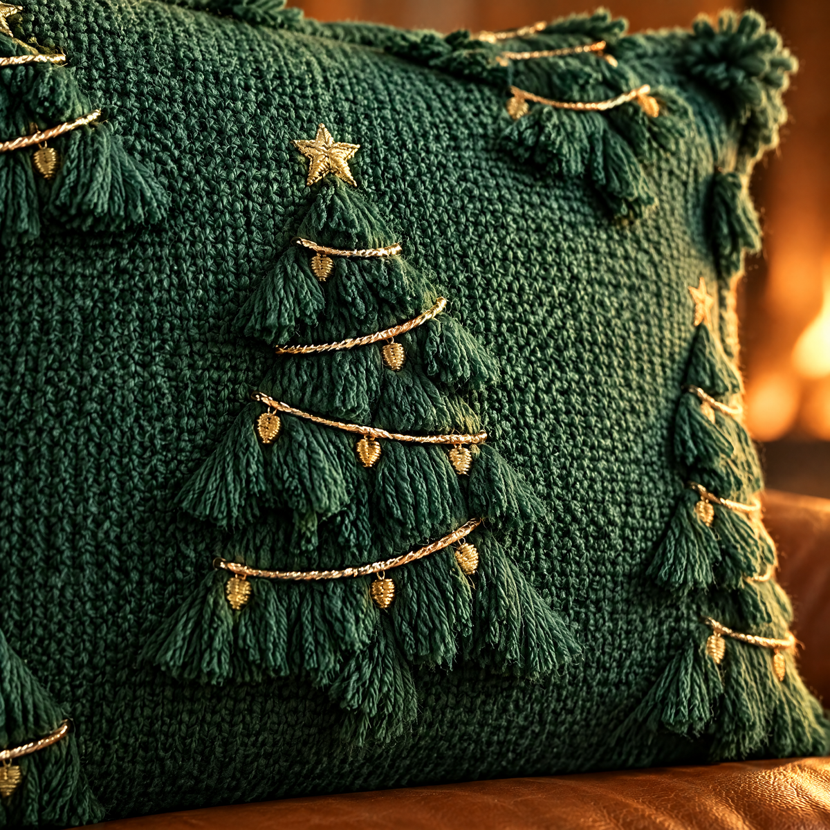 Nahaufnahme des 3D Strickmusters: grüner Tannenbaum mit goldener Girlande und Stern