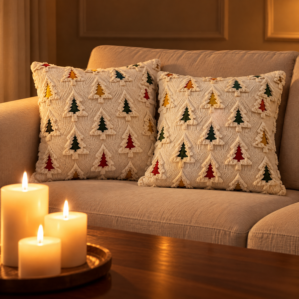 Kissenhülle Weihnachten im 2er Set mit Tannenbaum Muster auf einem beigen Leinensofa, Kerzen auf dem Couchtisch aus Nussbaum