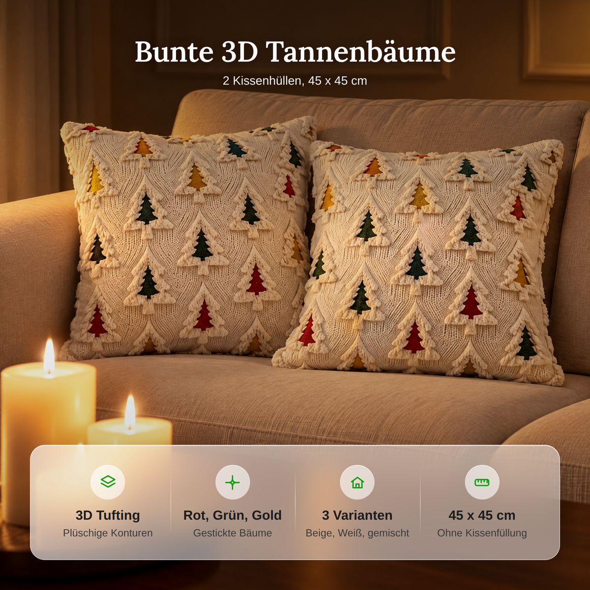 Vorteile der Kissenhülle 45x45 Tannenbaum: 3D Tufting, Bäume in Rot, Grün und Gold, 3 Varianten, ohne Kissenfüllung