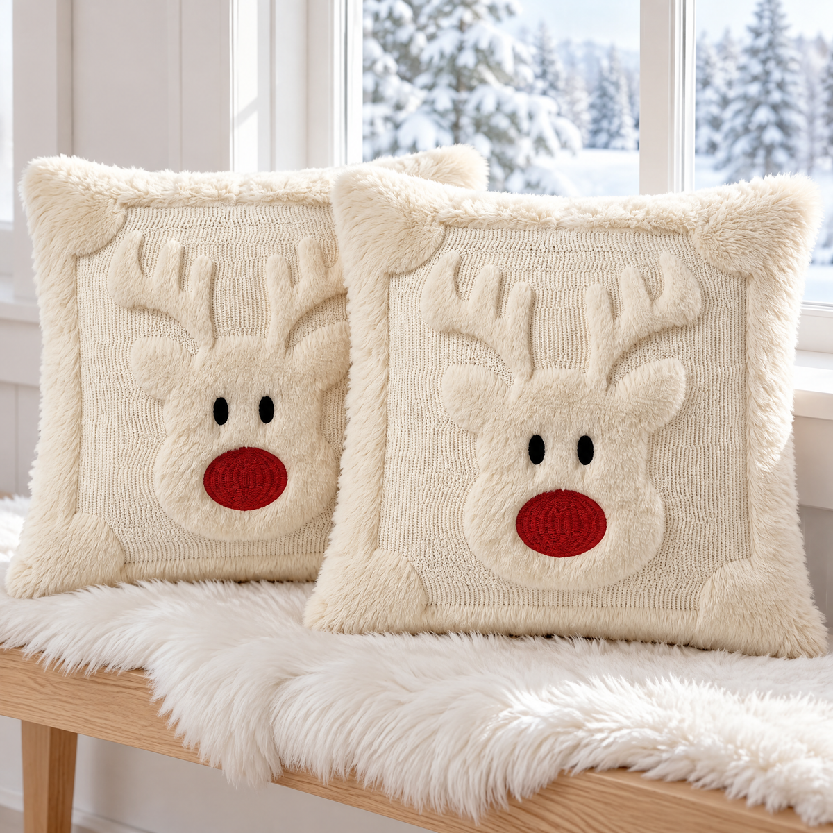 Zwei cremefarbene Plüsch Kissenhüllen 45x45 mit Rentier Motiv und roter Nase auf einer Holzbank mit Schaffell vor dem verschneiten Fenster