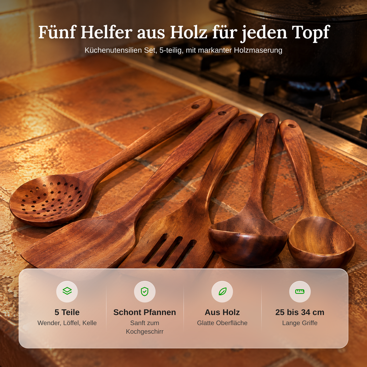 Vorteile der Küchenutensilien aus Holz: 5 Teile, schont Pfannen, glatte Oberfläche, 25 bis 34 cm lang