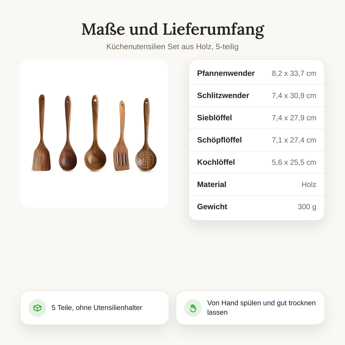 Maße und Lieferumfang des 5-teiligen Küchenutensilien Sets aus Holz