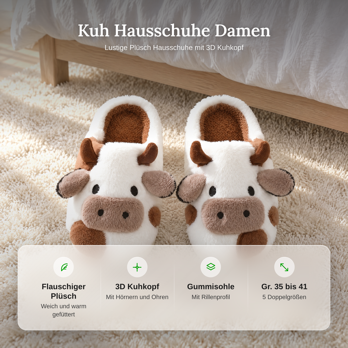 Vorteile der Kuh Hausschuhe: flauschiger Plüsch, 3D Kuhkopf, Gummisohle mit Rillenprofil, Größen 35 bis 41