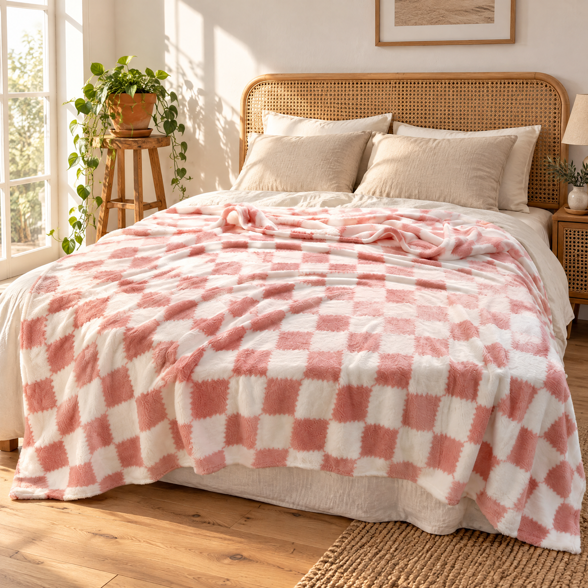 Rosa-weißes Kunstfell-Plaid im Blockdesign über einem Bett mit Rattan-Kopfteil