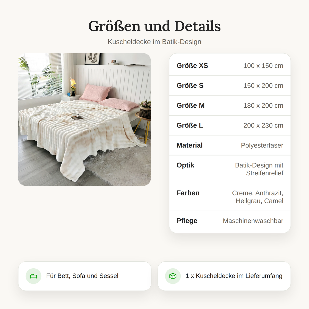 Größentabelle der Kuscheldecke im Batik-Design mit Maßen und Material