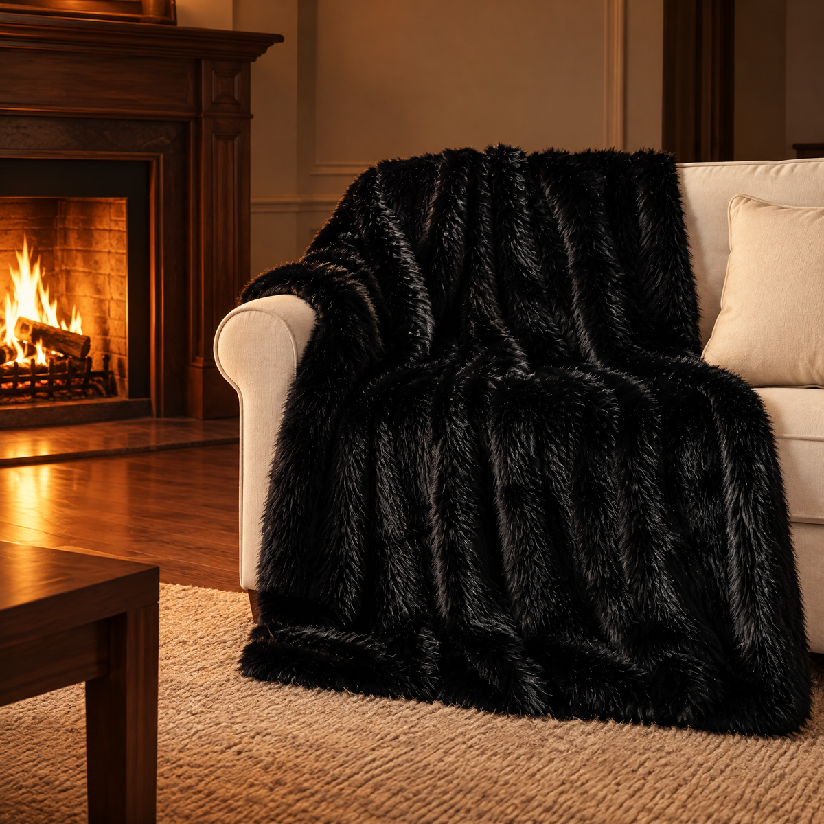 Schwarze Kuscheldecke aus Kunstfell über dem Sofa im Wohnzimmer mit Kaminfeuer