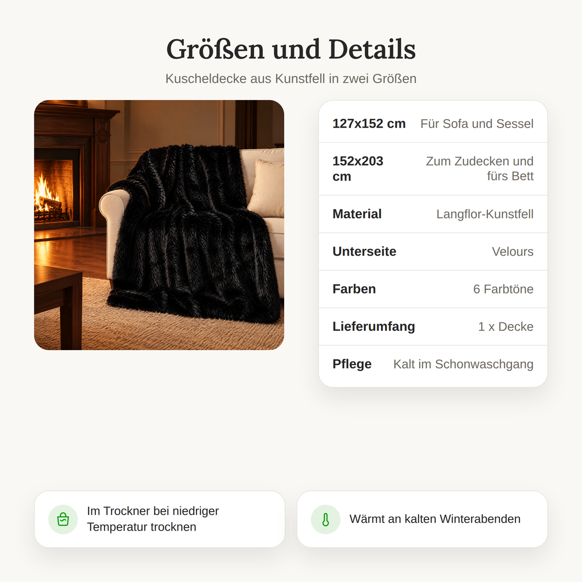 Größentabelle der Kuscheldecke aus Kunstfell: 127x152 cm und 152x203 cm