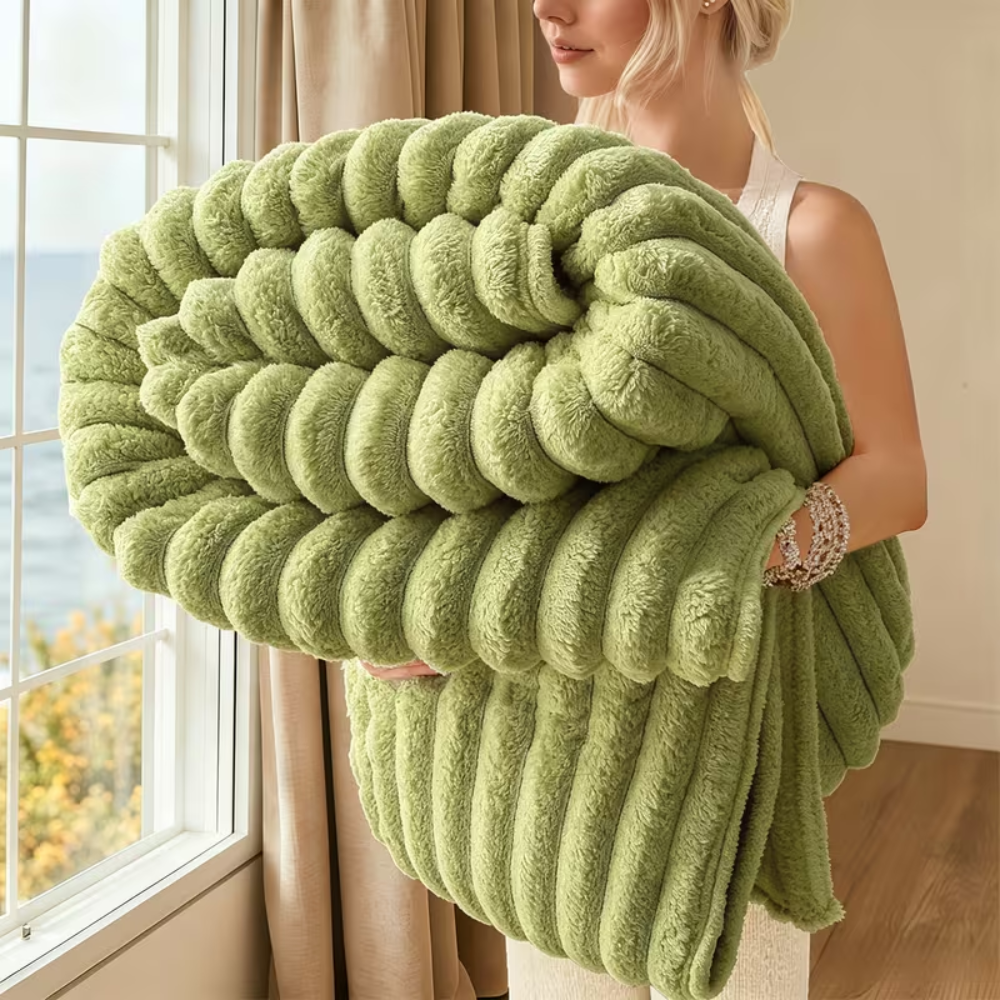 Kuscheldecke aus Kunstfell mit Rippenstruktur, Farbe: Salbeigrün