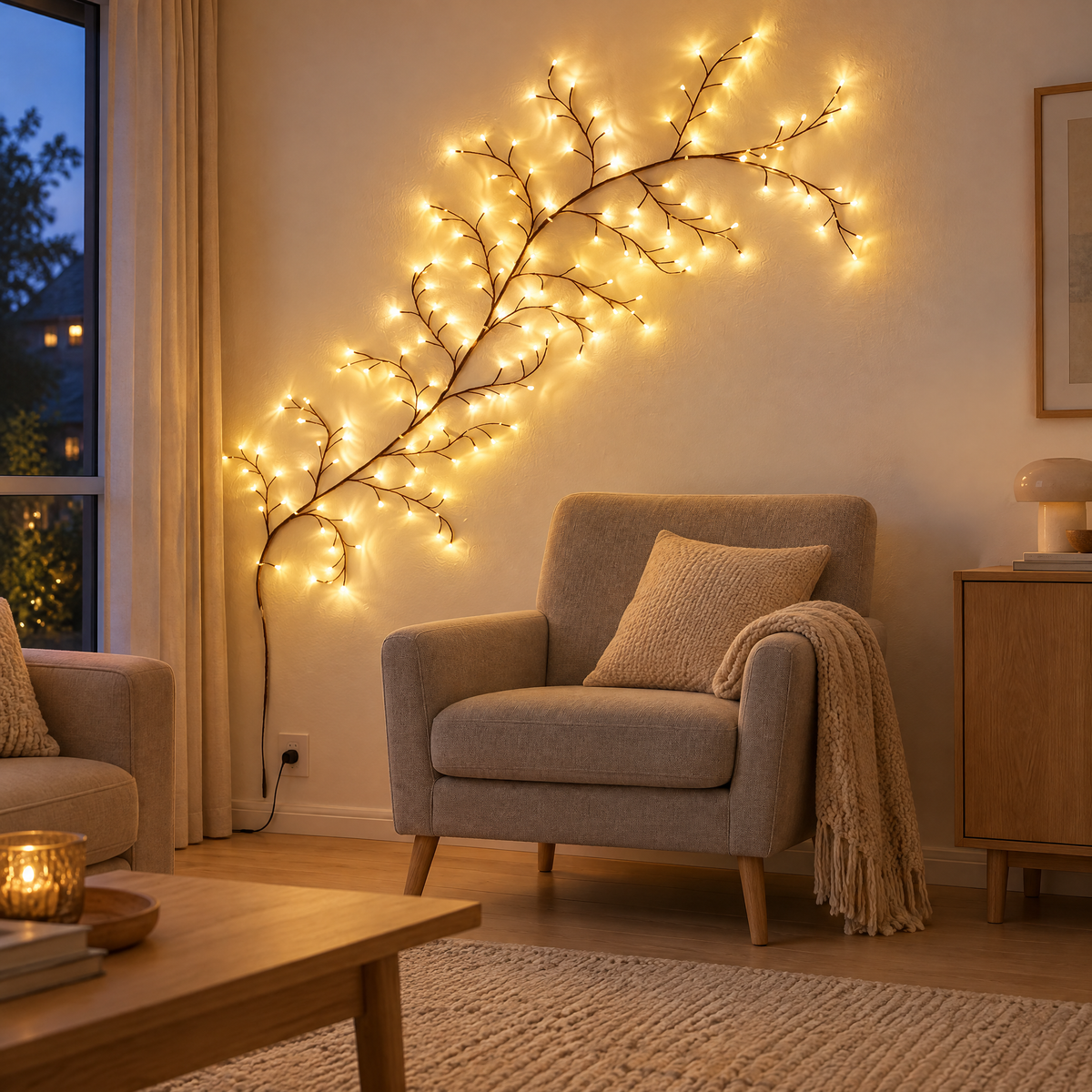 Leuchtende Lichterzweige als Baum an der Wand neben einem grauen Sessel im Wohnzimmer am Abend
