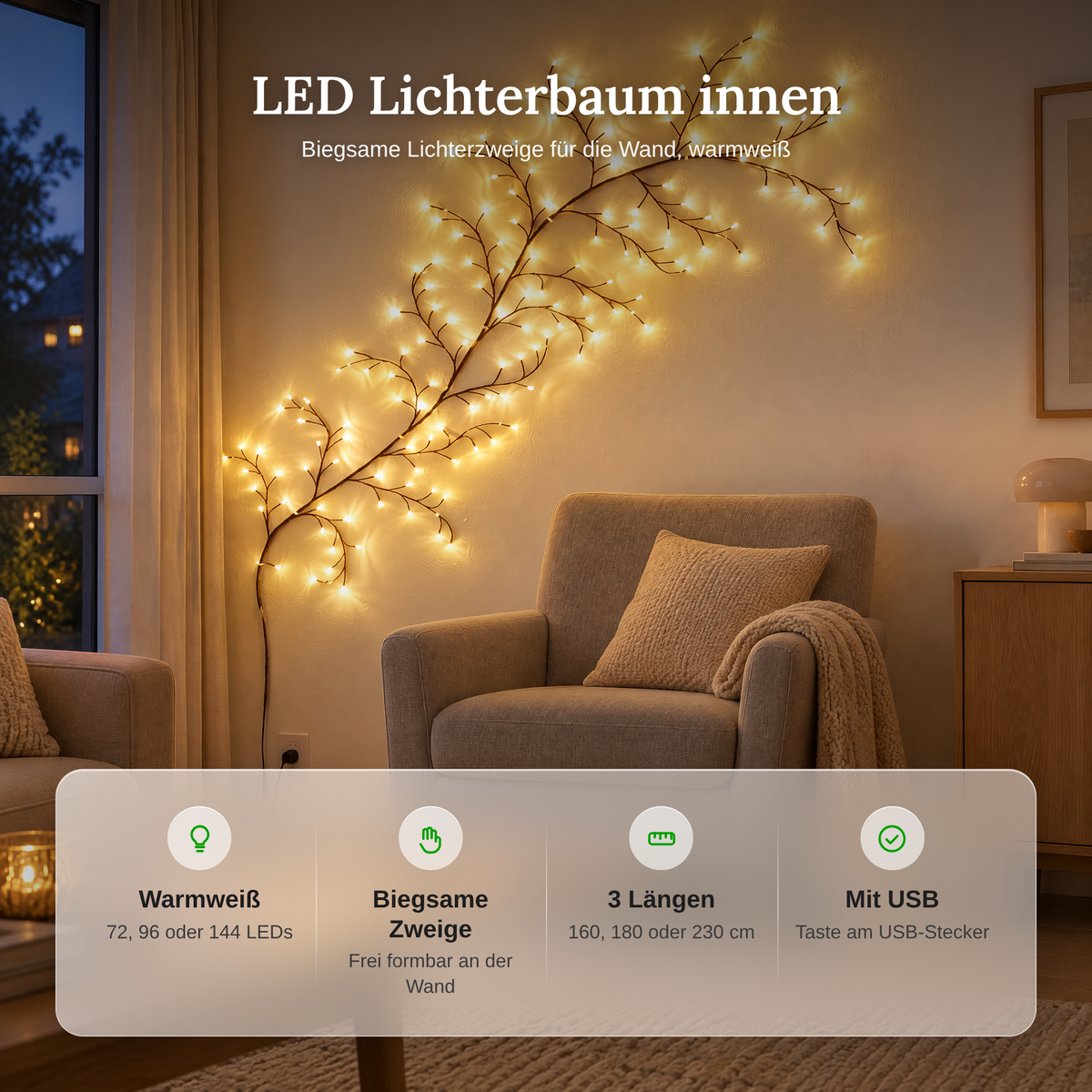 Vorteile des LED Lichterbaums: warmweiß mit 72, 96 oder 144 LEDs, biegsame Zweige, 3 Längen, Betrieb über USB