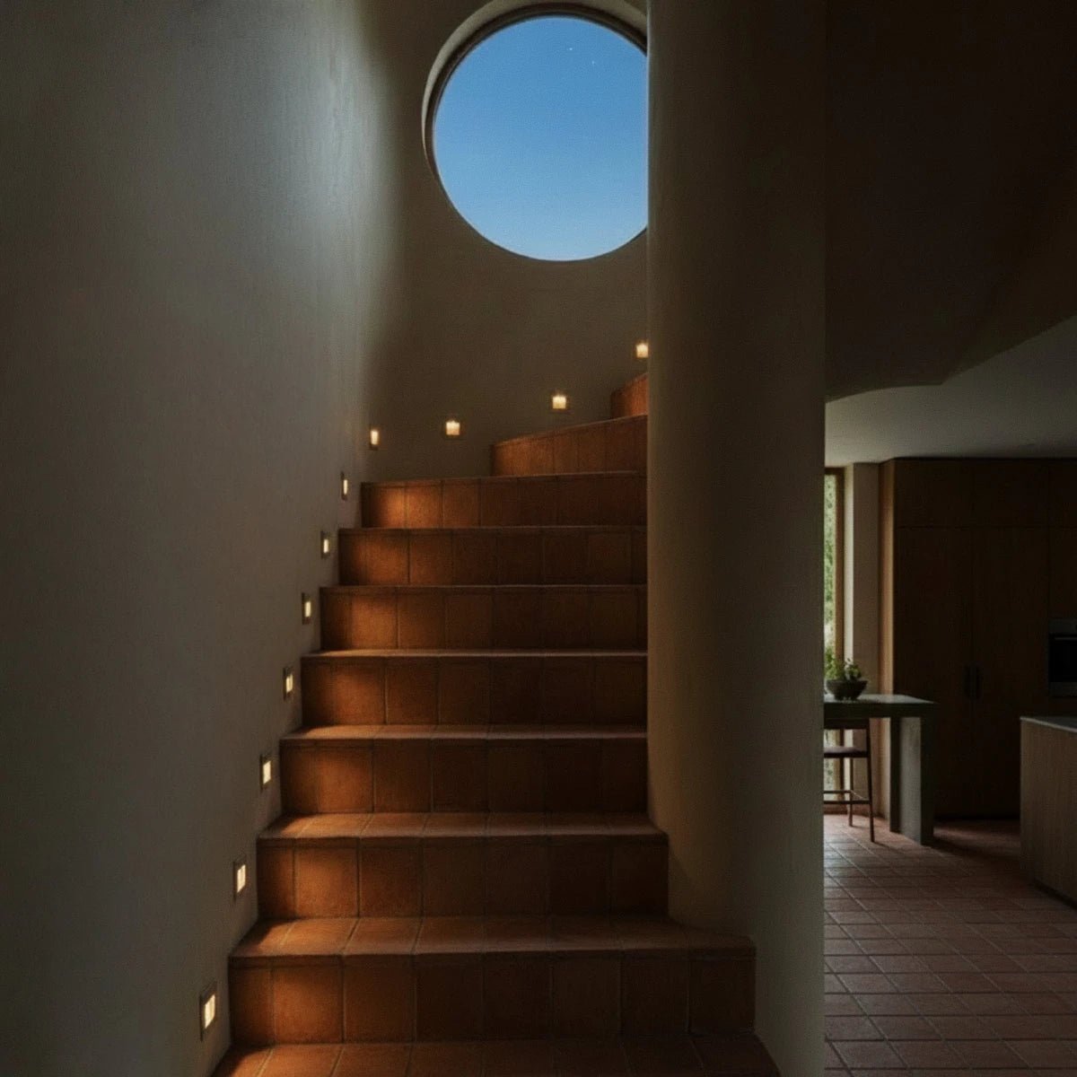 Dieselbe Treppe am Abend, jede Stufe von der LED Treppenbeleuchtung angestrahlt
