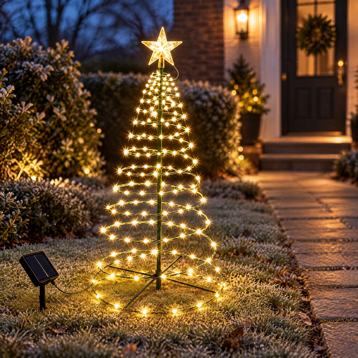 LED Weihnachtsbaum außen mit warmweißer Spirale, Stern und Solarpanel im Vorgarten am Weg zur Haustür