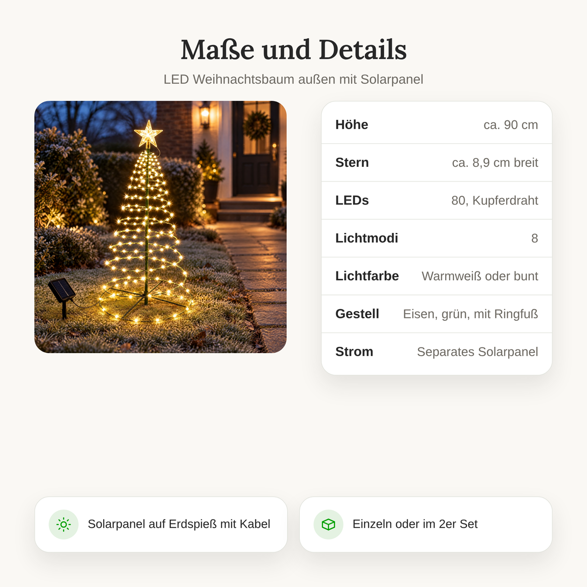 Maße und Details des Solar Weihnachtsbaums: ca. 90 cm hoch, 80 LEDs, 8 Lichtmodi, Eisengestell