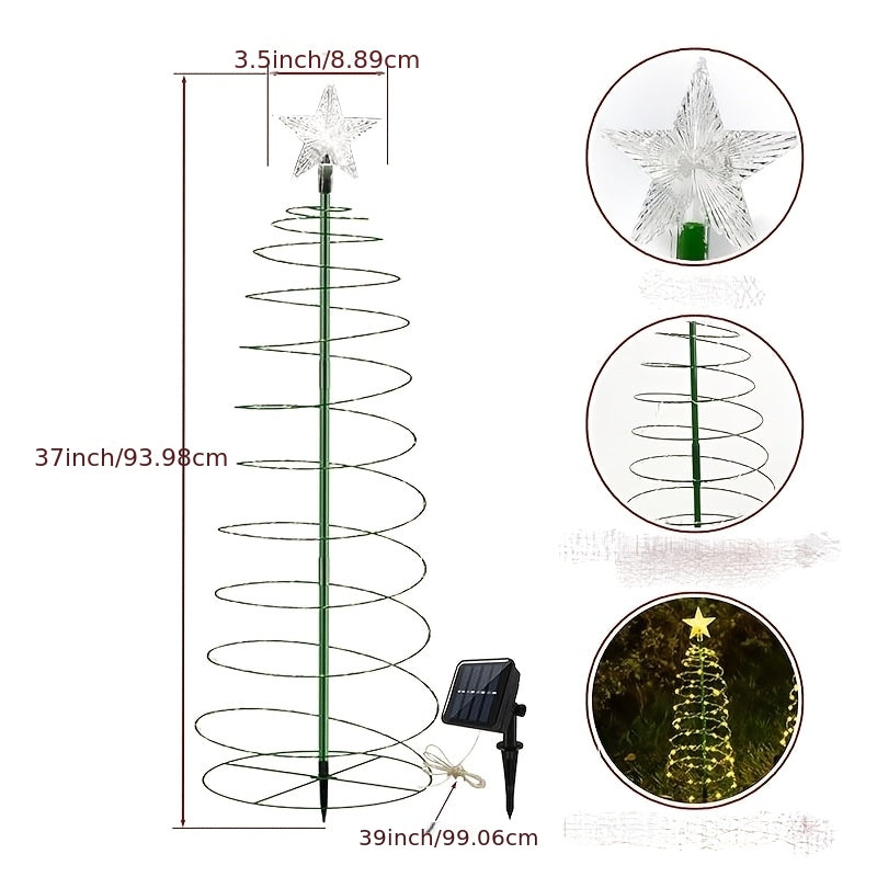 Maße des Spiral Weihnachtsbaums mit Stern und Solarpanel auf weißem Hintergrund