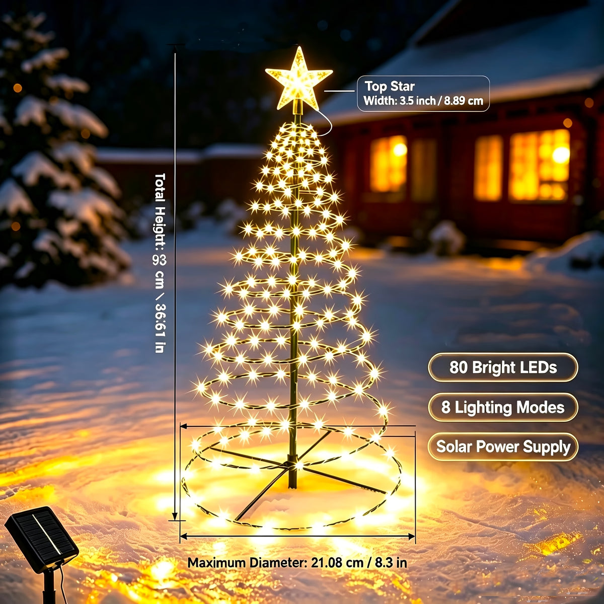 Warmweißer Spiral Lichterbaum im Schnee mit Angaben zu Höhe, Stern, LEDs und Lichtmodi