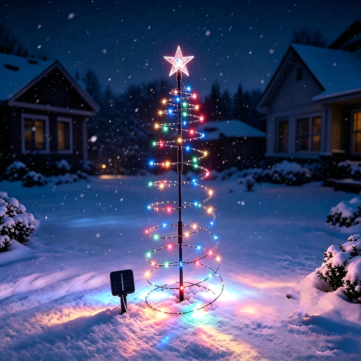 Bunter Spiral Weihnachtsbaum mit Solarpanel im verschneiten Garten