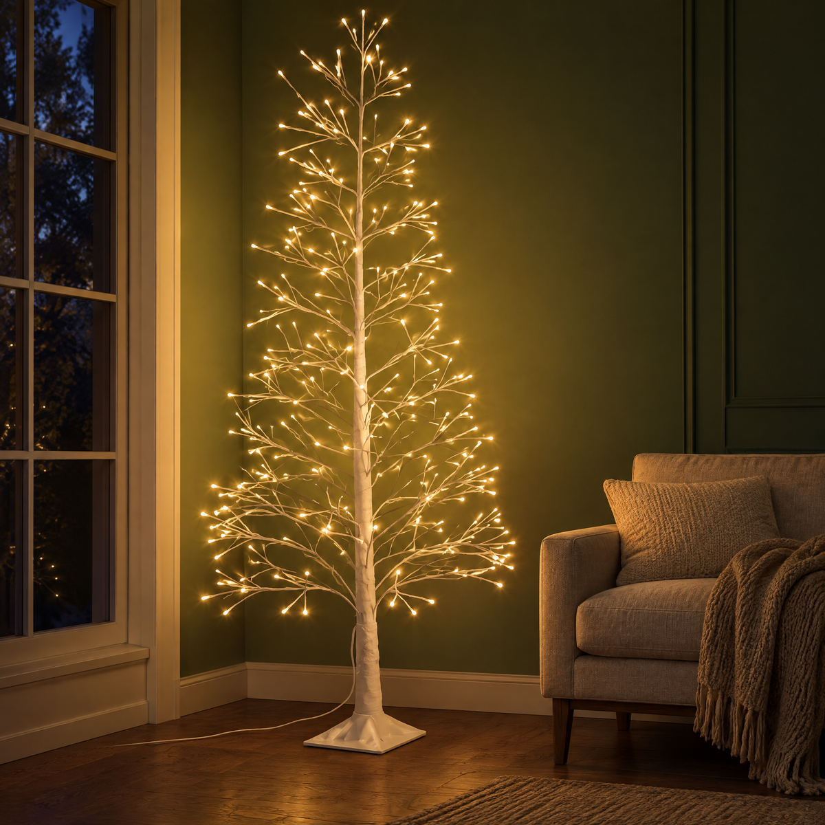 Weißer Lichterbaum 180 cm in Birkenoptik leuchtet warmweiß in der Ecke eines Wohnzimmers mit dunkelgrüner Wand