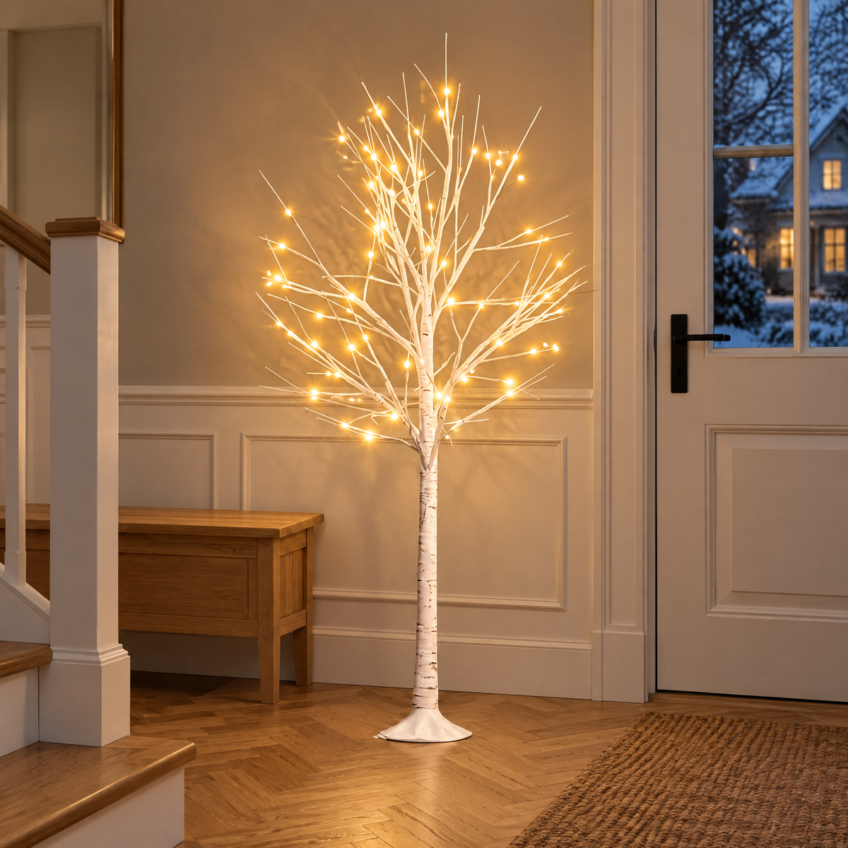 Lichterbaum Birke weiß mit warmweißen LEDs im Eingangsbereich neben einer Holzbank am Abend