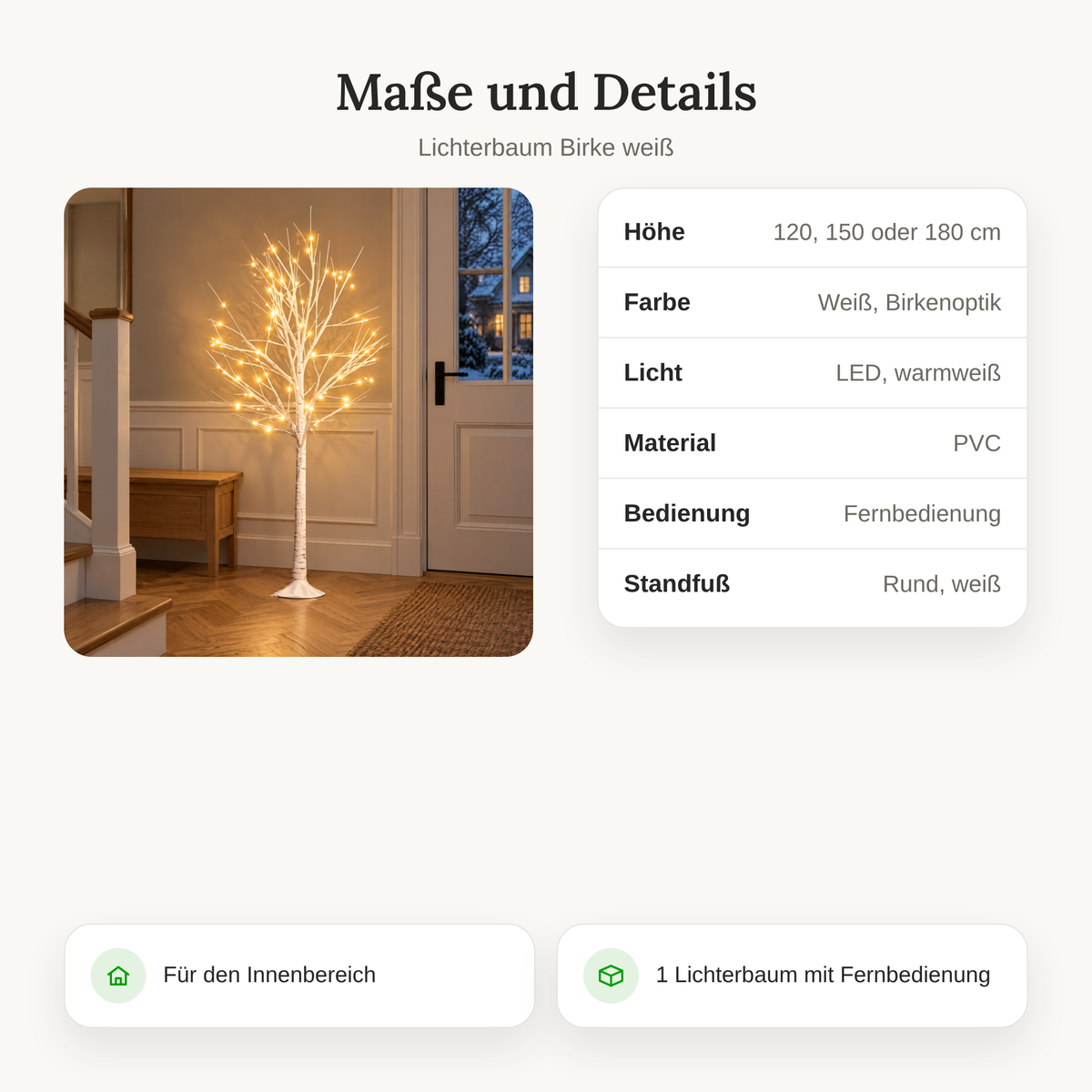 Maße und Details Lichterbaum Birke: 120, 150 oder 180 cm, weiß, LED warmweiß, PVC, Fernbedienung, runder Standfuß