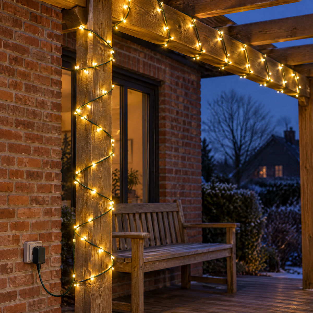 LED Lichterkette warmweiß um Pfosten und Balken einer Terrassenpergola, Steckernetzteil in der Außensteckdose