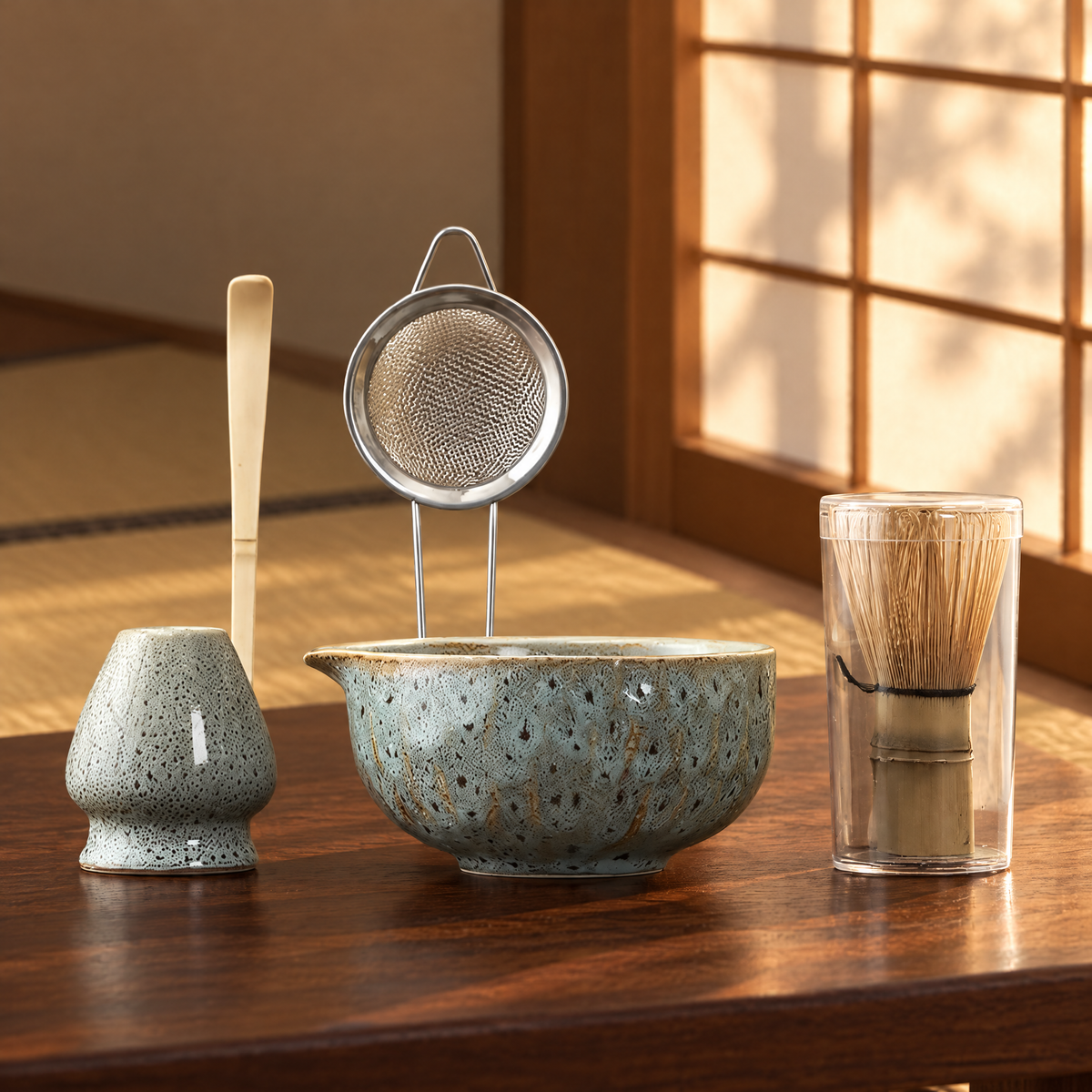 Matcha Set 5-teilig in Hellblau auf einem dunklen Holztisch am Papierfenster