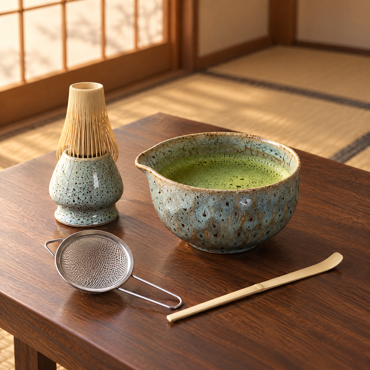 Matcha Set in Hellblau mit aufgeschlagenem Matcha, Bambusbesen auf dem Besenhalter, Sieb und Chashaku