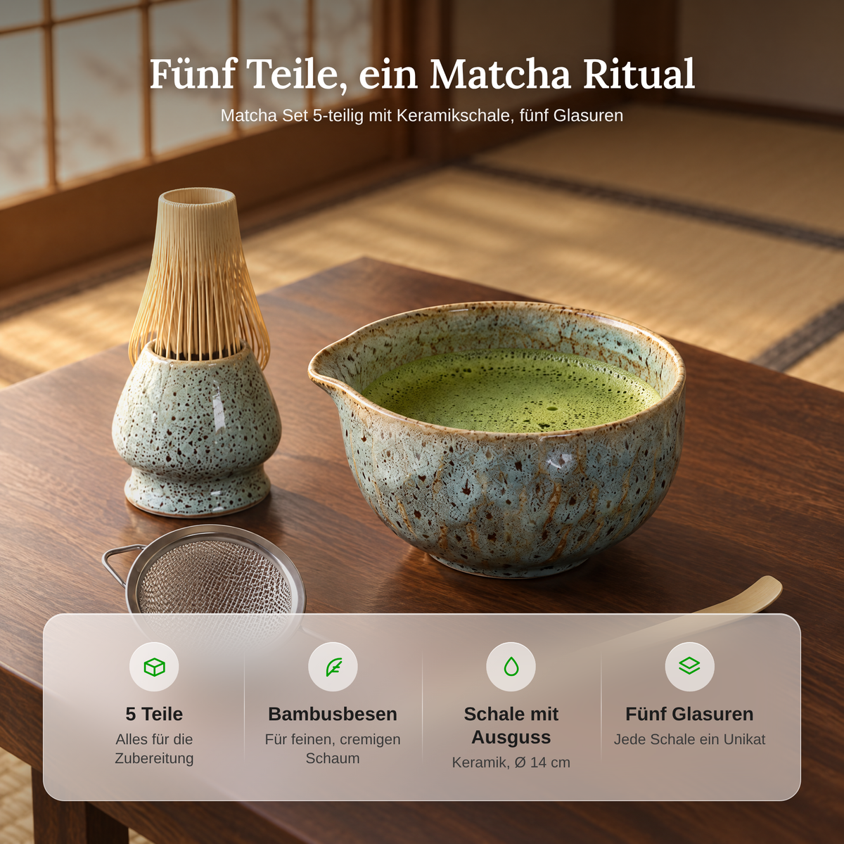 Vorteile des Matcha Sets: 5 Teile, Bambusbesen, Schale mit Ausguss und fünf Glasuren