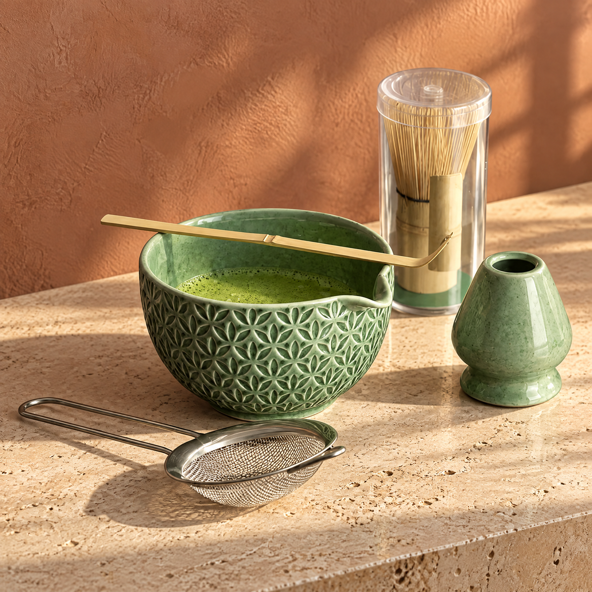 Matcha Set 5-teilig: Keramikschale mit Ausguss, Bambusbesen, Besenhalter, Löffel und Sieb