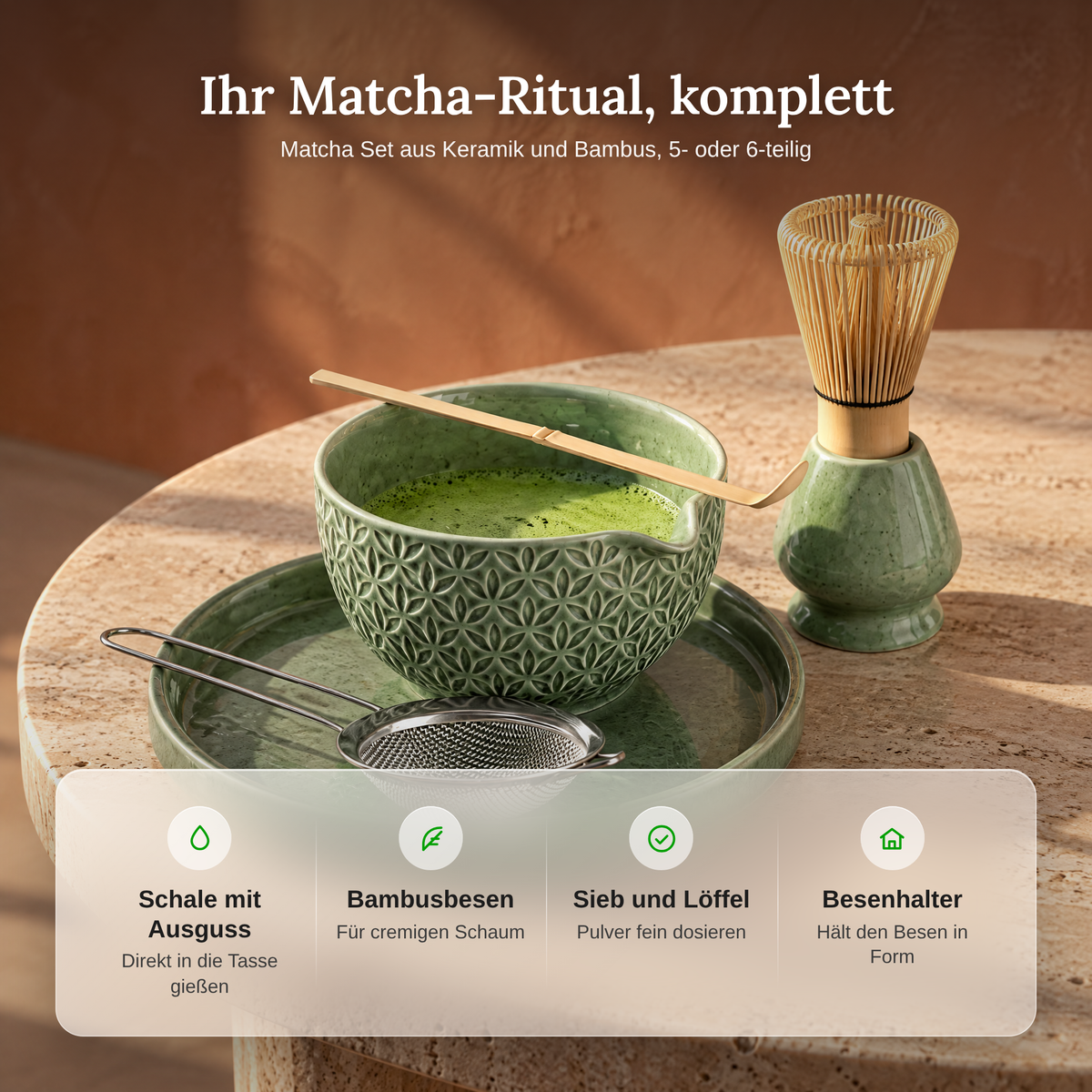 Vorteile des Matcha Sets: Schale mit Ausguss, Bambusbesen, Sieb und Löffel, Besenhalter