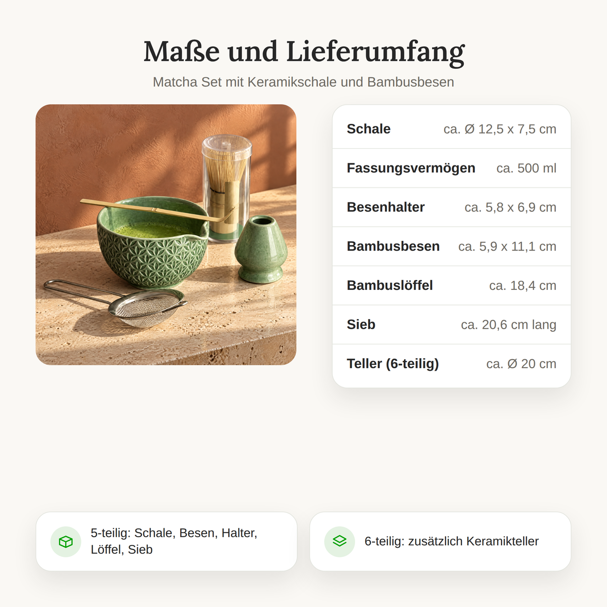 Maße und Lieferumfang des Matcha Sets, 5- oder 6-teilig