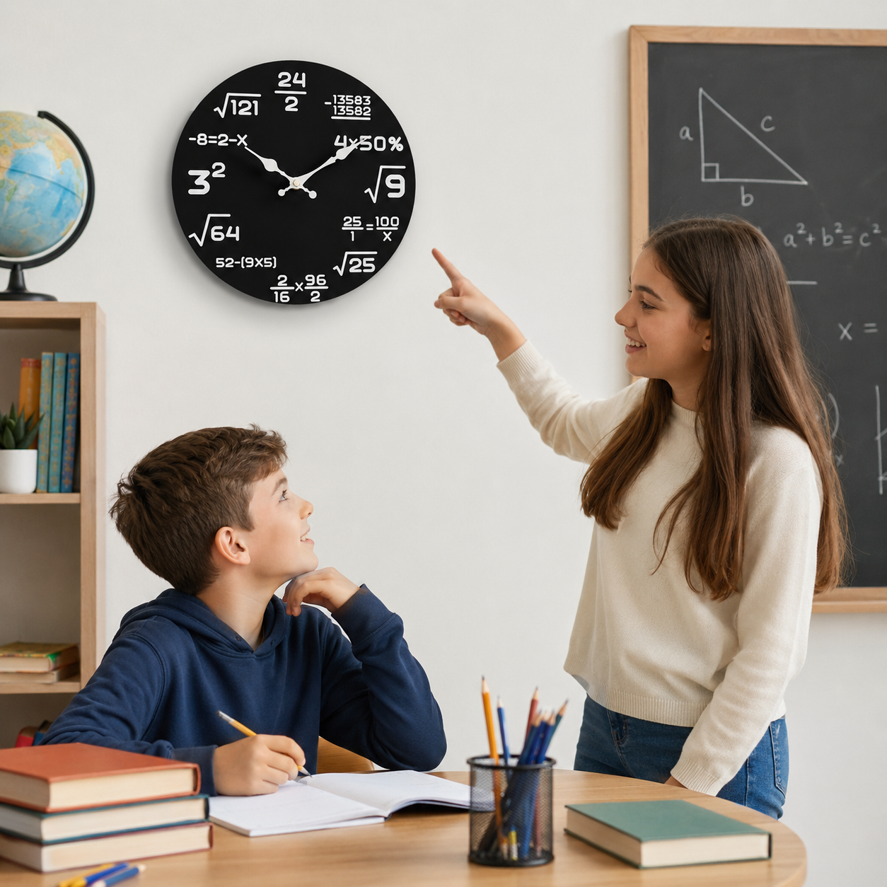 Mathe Wanduhr – Runde Zahlen Uhr mit Rechenaufgaben, leisem Quarzwerk für Wohnzimmer, Büro & Kinderzimmer