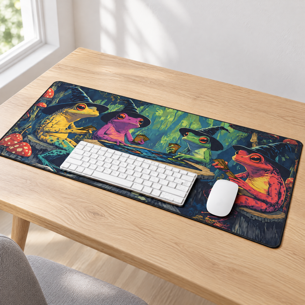 Großes Mauspad 30 x 60 cm mit Frosch-Zauberer-Motiv auf einem hellen Holzschreibtisch mit Tastatur und Maus
