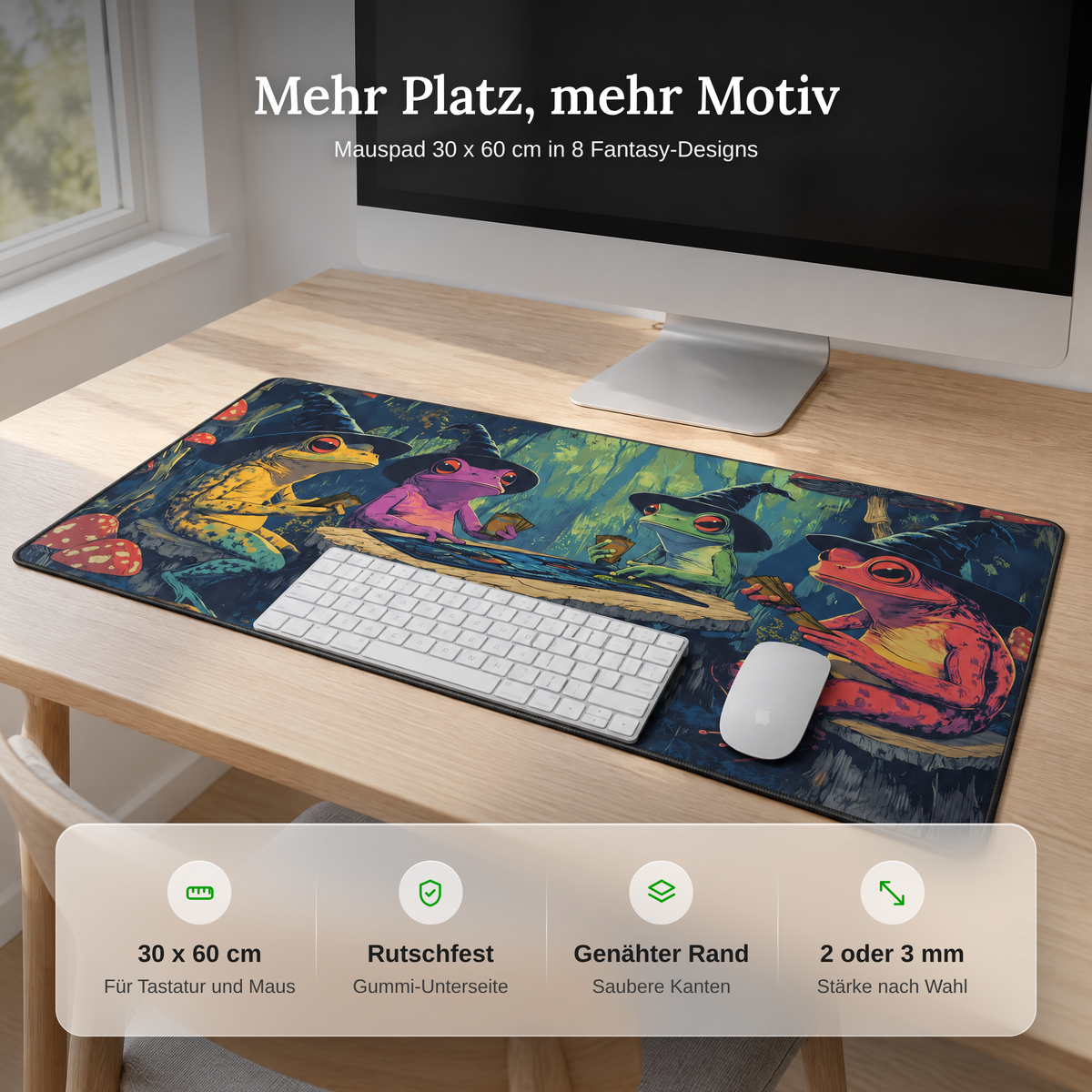 Vorteile des Mauspads: 30 x 60 cm, rutschfeste Gummi-Unterseite, genähter Rand, 2 oder 3 mm stark