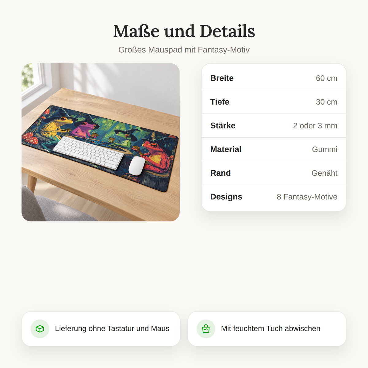 Maße und Details des Mauspads: 60 x 30 cm, 2 oder 3 mm, Gummi, genähter Rand, 8 Fantasy-Motive
