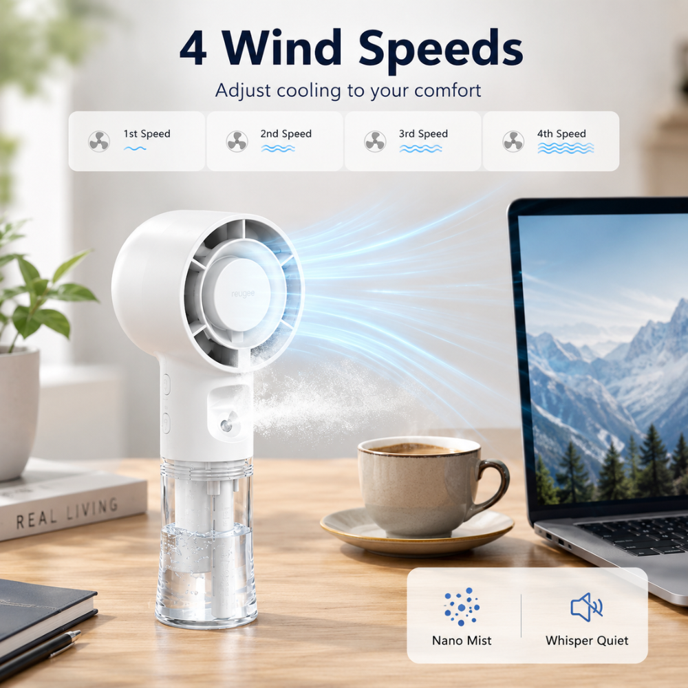 Tragbarer Mini-Sprühventilator – USB-aufladbarer Handventilator mit Wassertank und 4 Geschwindigkeitsstufen