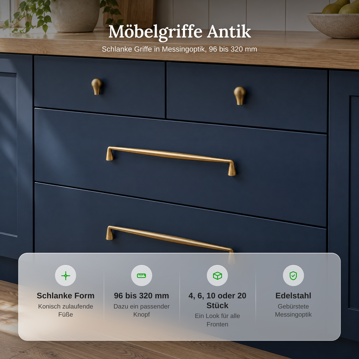 Vorteile der Möbelgriffe Antik: schlanke Form, Lochabstand 96 bis 320 mm, 4, 6, 10 oder 20 Stück, Edelstahl