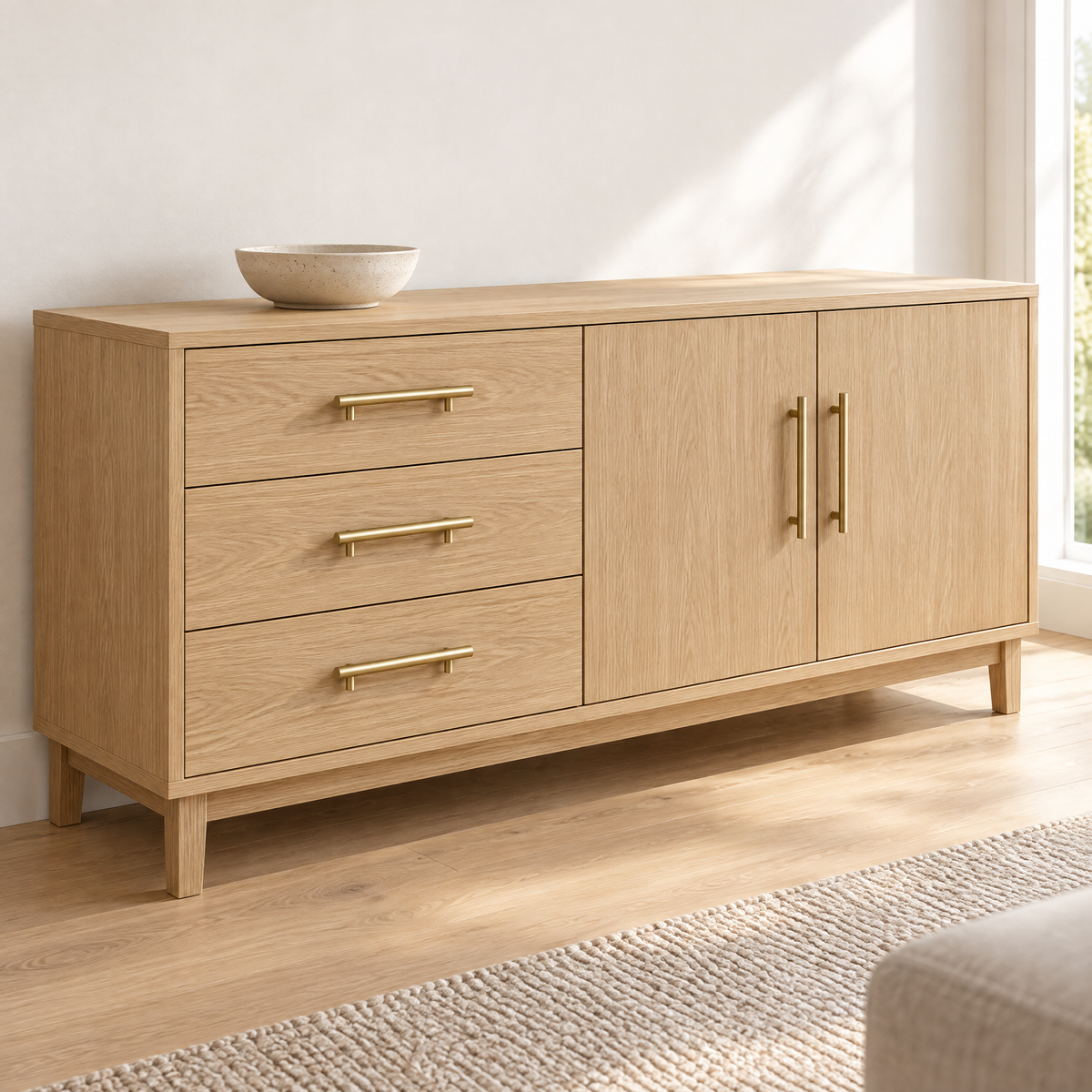 Sideboard aus Eiche mit goldenen T-Bar Möbelgriffen aus Edelstahl an Schubladen und Türen