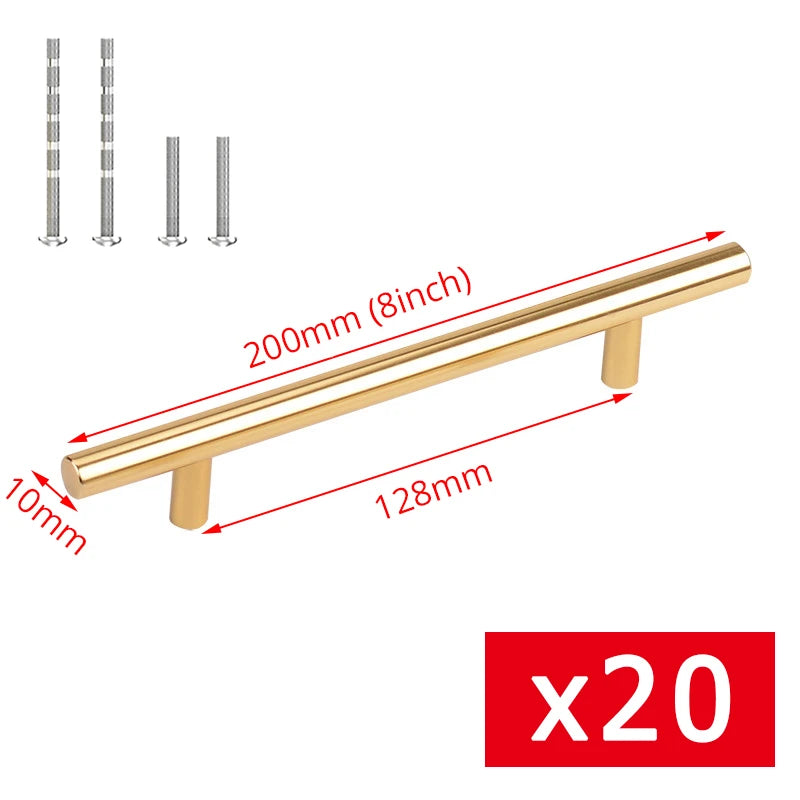 Maßzeichnung T-Bar Griff in Gold: Lochabstand 128 mm, Länge 200 mm, Ø 10 mm, mit Schrauben