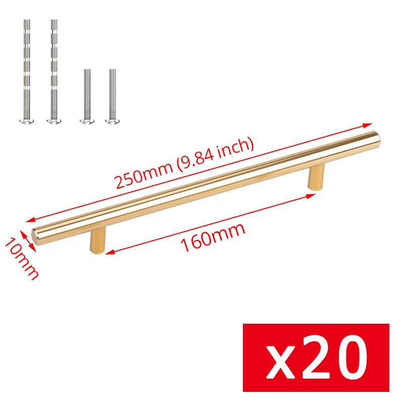 Maßzeichnung T-Bar Griff in Gold: Lochabstand 160 mm, Länge 250 mm, Ø 10 mm, mit Schrauben
