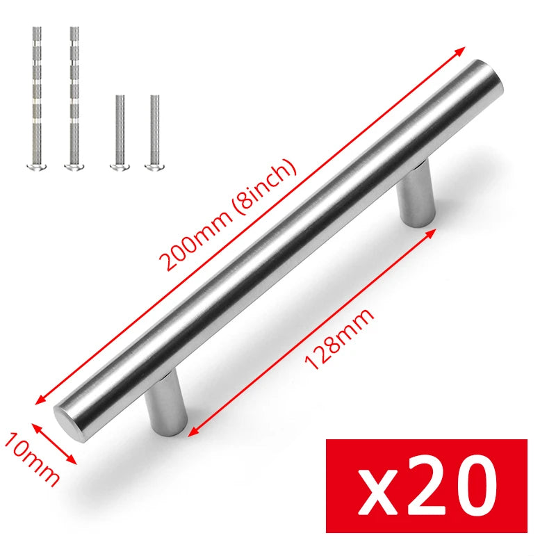 Maßzeichnung T-Bar Griff in Silber: Lochabstand 128 mm, Länge 200 mm, Ø 10 mm, mit Schrauben