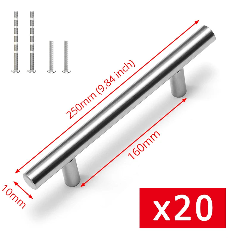 Maßzeichnung T-Bar Griff in Silber: Lochabstand 160 mm, Länge 250 mm, Ø 10 mm, mit Schrauben